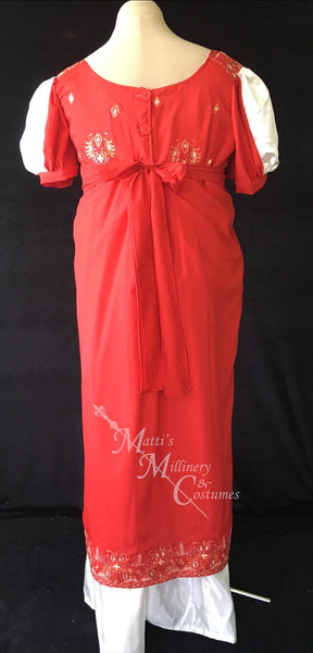 In red silk embroidered sari and ivory satin Madeline Regency Ball Dress