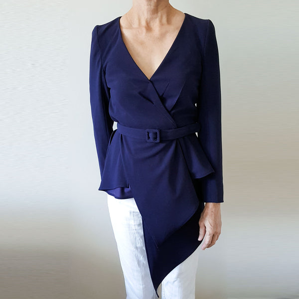 Blue wrap blouse draped blouse asymmetrical hem top Custom made Meghan Markle blue peplum draped top navy belted blouse