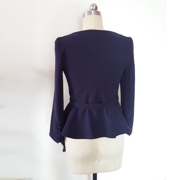 Blue wrap blouse draped blouse asymmetrical hem top Custom made Meghan Markle blue peplum draped top navy belted blouse