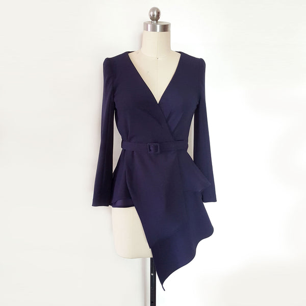 Blue wrap blouse draped blouse asymmetrical hem top Custom made Meghan Markle blue peplum draped top navy belted blouse