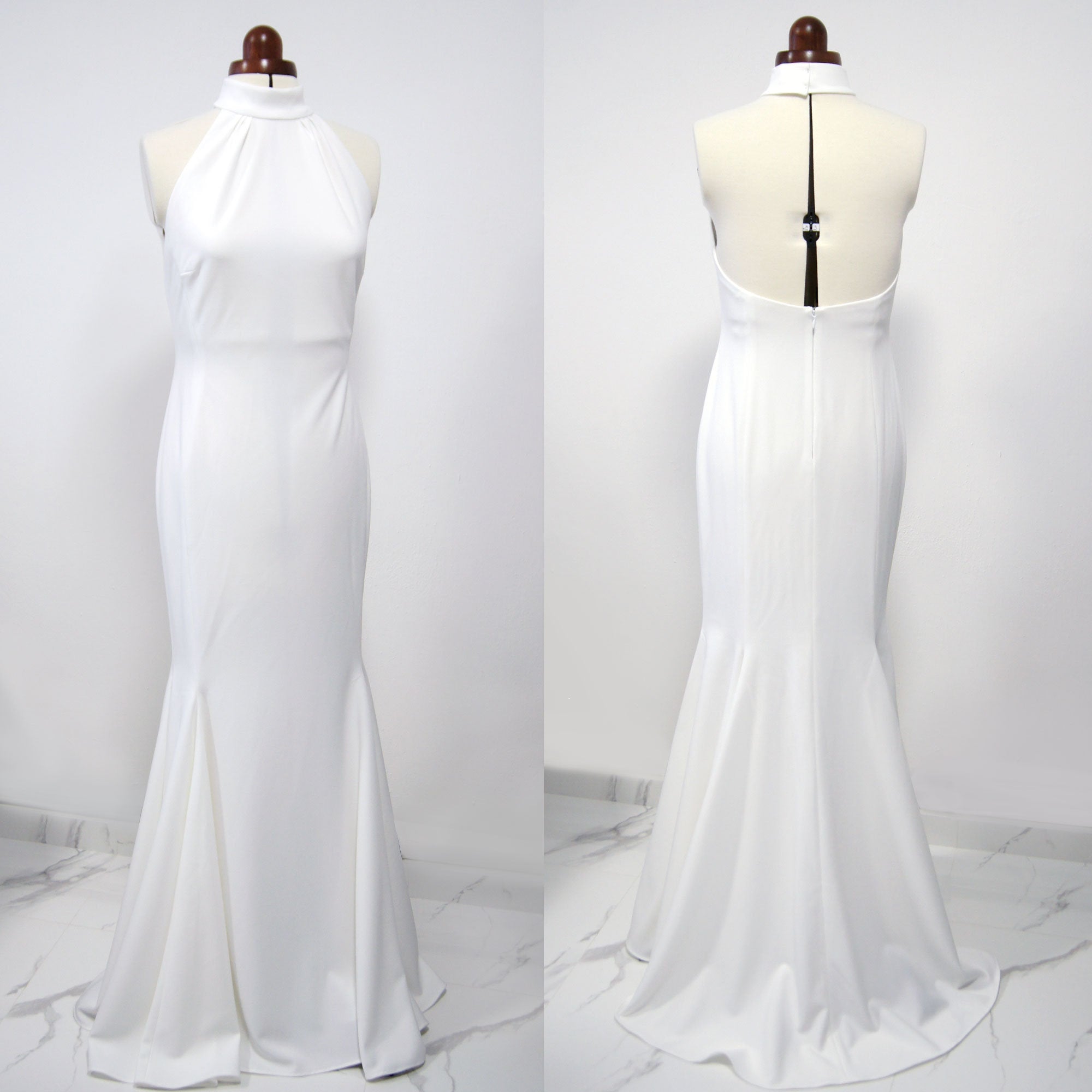 White minimalist bridal gown Low back dress backless gown modern bride Meghan Markle bridal reception dress open back wedding gown