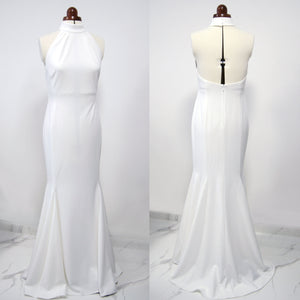 White minimalist bridal gown Low back dress backless gown modern bride Meghan Markle bridal reception dress open back wedding gown