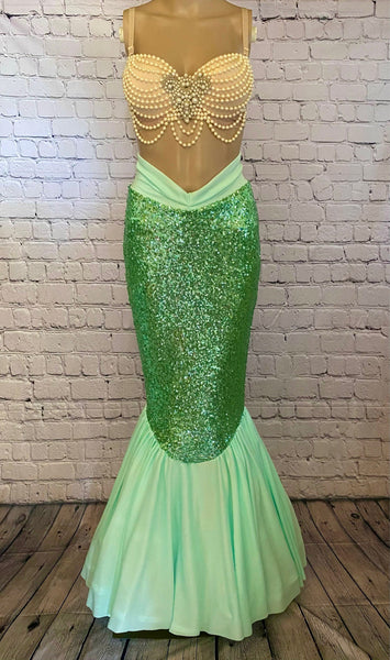 Costume Tail Skirt with High Waisted Slimming Design Features Mint Green Sequin Mermaid