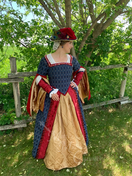 Skirt Parr Boleyn French hood costume NEW Blue Red Gold Tudor Court princess Royal Renaissance Faire Theater dress