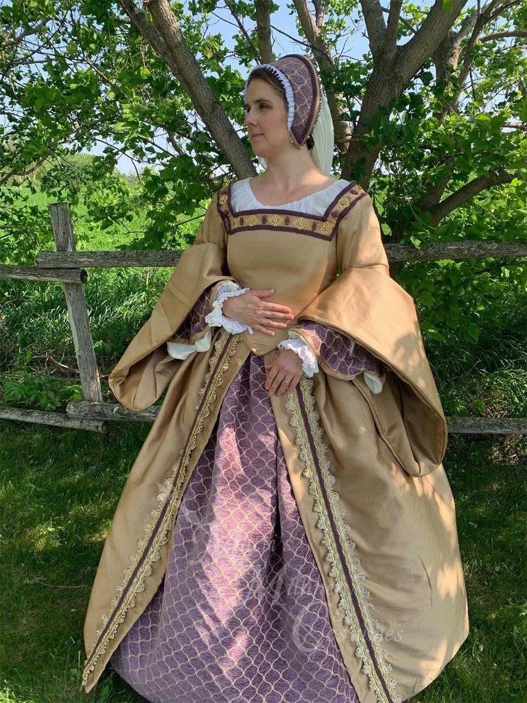 1500s princess dress Katherine Parr Boleyn Queen French hood costume NEW Purple Gold Tudor Cosplayrr