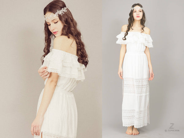 Off White Lace Dress grecian dress Bohemian wedding resort dress Off shoulder wedding dress boho wedding dress beach wedding dress