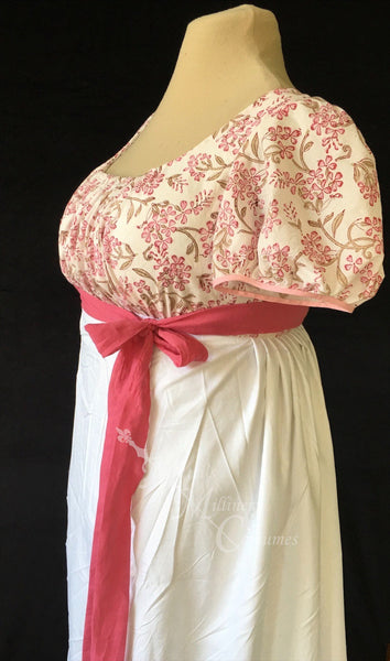 Jane Austen Day Dress Gown Pink Illusion Block Print Cotton Regency