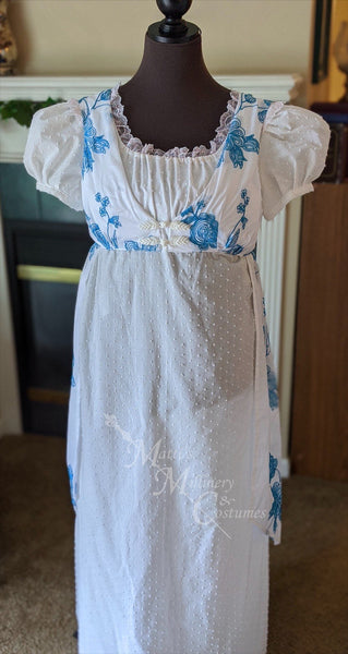 Jane Austen Day Dress Open Robe Pelisse Embroidered Cotton Teal Regency