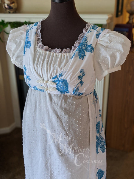 Jane Austen Day Dress Open Robe Pelisse Embroidered Cotton Teal Regency