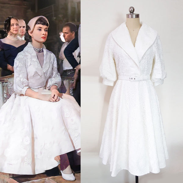 Princess Ann 1950s Wedding Dress tea length gown Custom made dress Roman Holiday Final Scene Dress Audrey Hepburn white organza dress