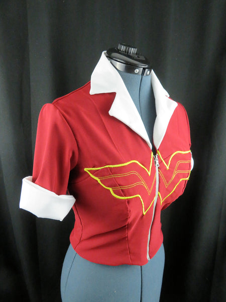 Super hero Bombshell Zipup Top with Embroidered Front Cosplay Costume  Custom Made