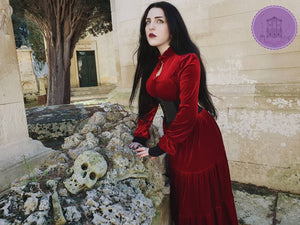 Gothic dress in red velvet with bustier Tailor made elegant