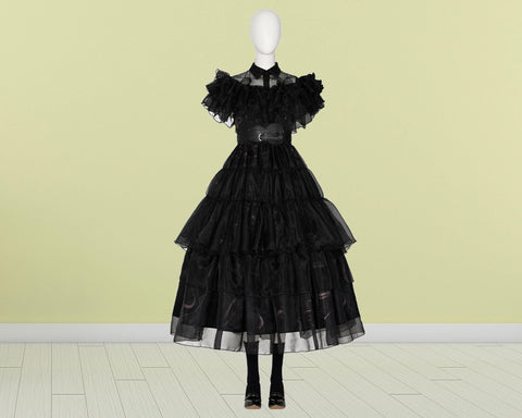 Costume Cosplay Black Lace Dress Women Outfit The Addams Family Wednesday Addams Rave’n Dance
