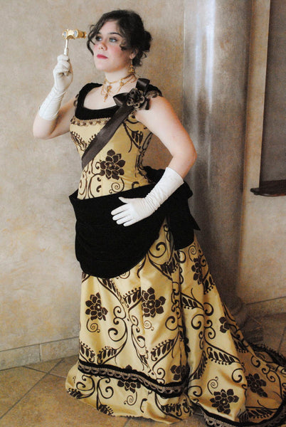 1890s Steampunk Opera Evening Ball gown with train and flowers CUSTOM Victorian Bustle