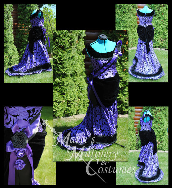1890s Steampunk Opera Evening Ball gown with train and flowers CUSTOM Victorian Bustle