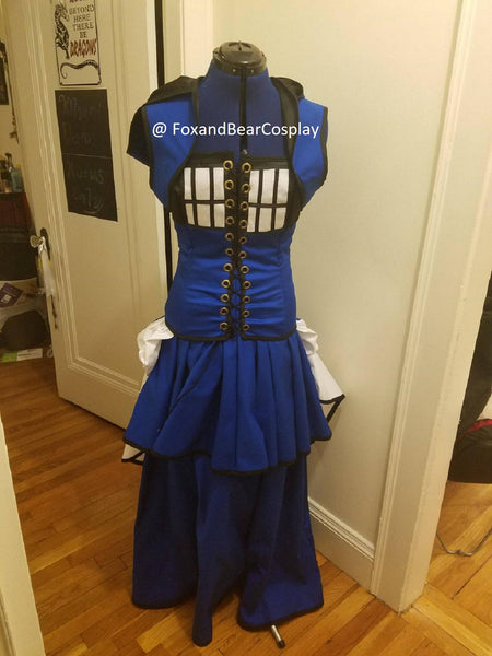 With hooded shrug Victorian style corset dress