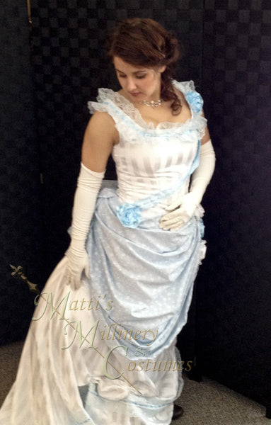 1880s Steampunk Opera Evening Ball gown with train and flowers CLOSEOUT White Bridal Victorian Bustle