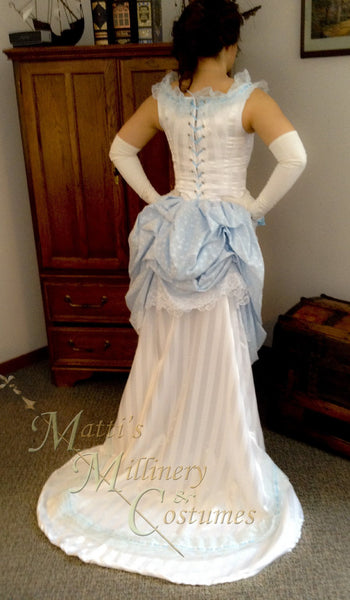 1880s Steampunk Opera Evening Ball gown with train and flowers CLOSEOUT White Bridal Victorian Bustle