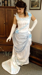 1880s Steampunk Opera Evening Ball gown with train and flowers CLOSEOUT White Bridal Victorian Bustle