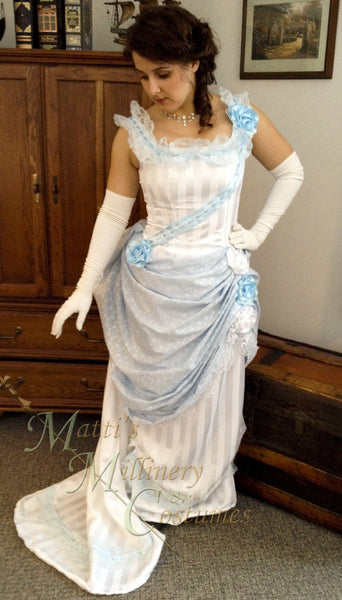 1880s Steampunk Opera Evening Ball gown with train and flowers CLOSEOUT White Bridal Victorian Bustle