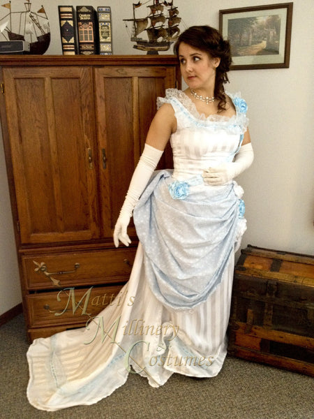 1880s Steampunk Opera Evening Ball gown with train and flowers CLOSEOUT White Bridal Victorian Bustle