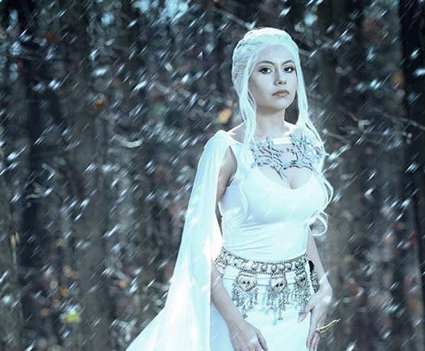 Cosplay Costume Game of Thrones White Daenerys Dragon Dress With Cape