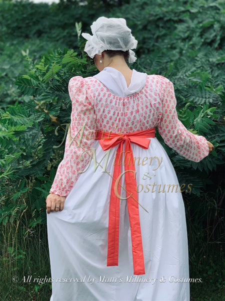 Lawn Jane Austen Style REGENCY Day Gown Ball Dress long sleeves White Pink Block Print Cotton