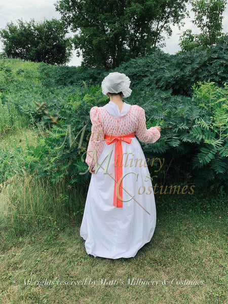 Lawn Jane Austen Style REGENCY Day Gown Ball Dress long sleeves White Pink Block Print Cotton