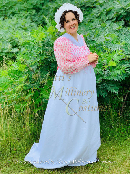 Lawn Jane Austen Style REGENCY Day Gown Ball Dress long sleeves White Pink Block Print Cotton