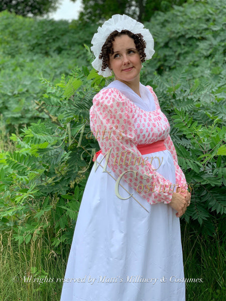 Lawn Jane Austen Style REGENCY Day Gown Ball Dress long sleeves White Pink Block Print Cotton