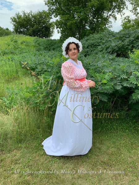 Lawn Jane Austen Style REGENCY Day Gown Ball Dress long sleeves White Pink Block Print Cotton