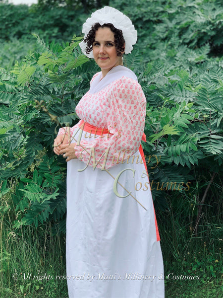 Lawn Jane Austen Style REGENCY Day Gown Ball Dress long sleeves White Pink Block Print Cotton