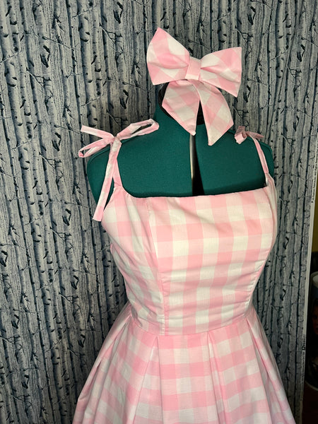 Dapper Day Dress Cosplay with Bow and Belt Hairbow Women's Custom Adult Pink and White Gingham Check Doll 50s Style