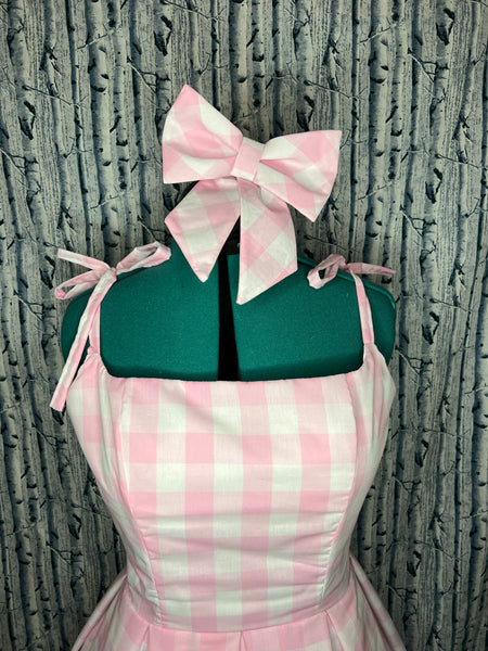 Dapper Day Dress Cosplay with Bow and Belt Hairbow Women's Custom Adult Pink and White Gingham Check Doll 50s Style