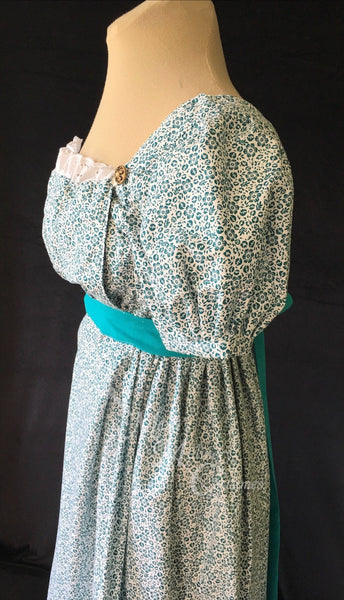 Jane Austen Regency Day Dress Gown Bib front Print Cotton