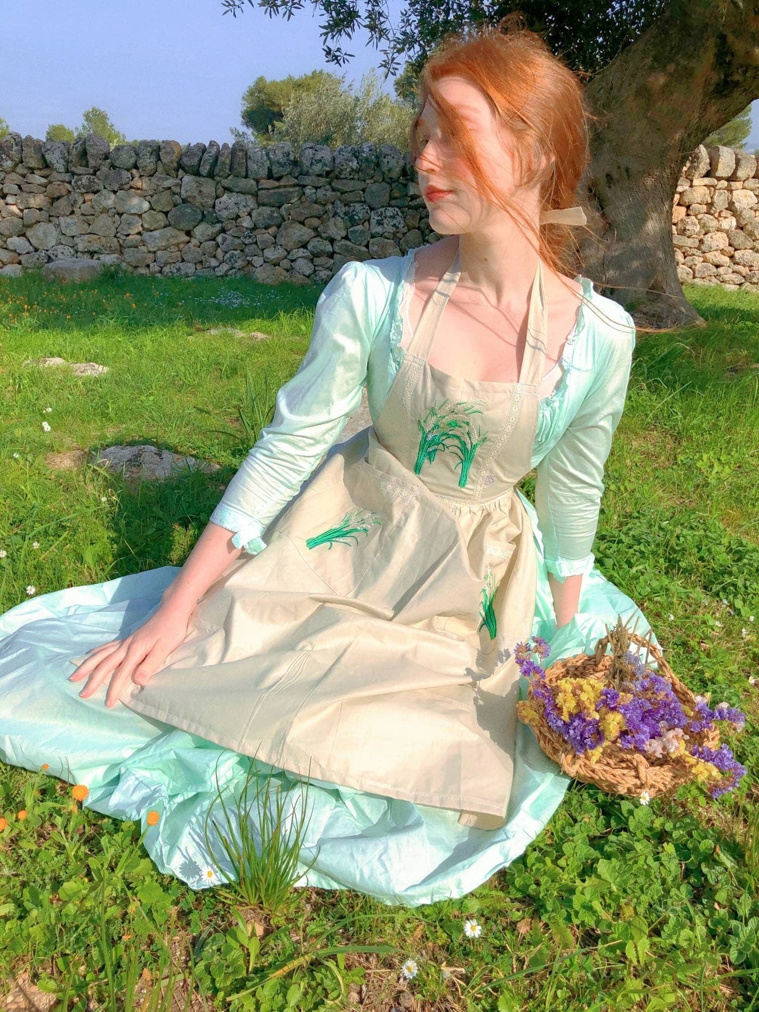 Cottagecore apron with embroideries 100% cotton Adventure In The Great Wide Somewhere