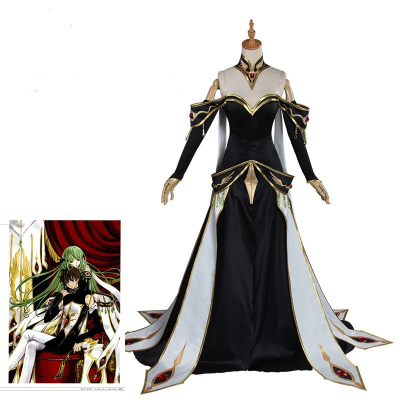 code geass cc black dress Anime Geass C.C. Cosplay Costume Queen Dress N09323, XS