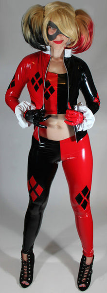 Harley Quinn Costume Leggings in Stretch Gloss Black and Red Vinyl PVC