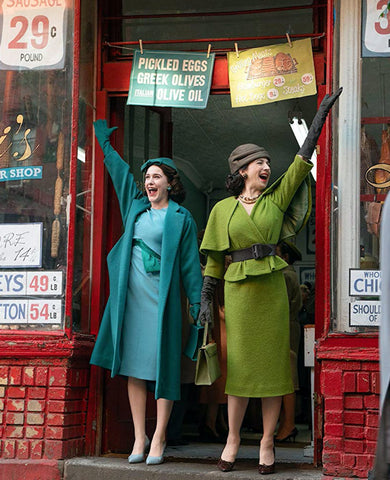 Mrs Maisel dress green top with cape pencil skirt