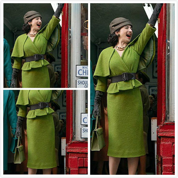 Mrs Maisel dress green top with cape pencil skirt