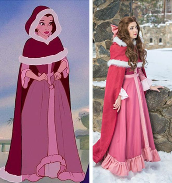 Princess Belle Red Dress Beauty and Beast Fancy Pink Dress with Cape Costume