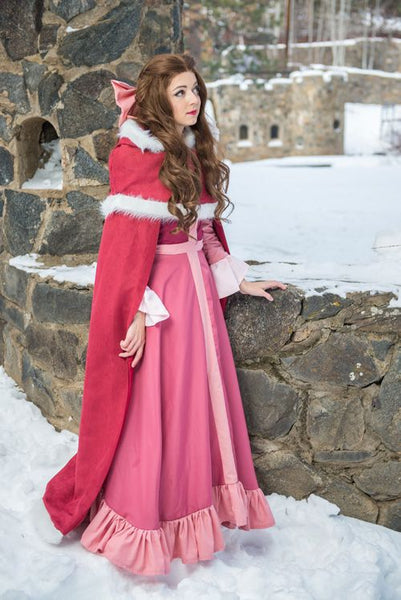 Princess Belle Red Dress Beauty and Beast Fancy Pink Dress with Cape Costume